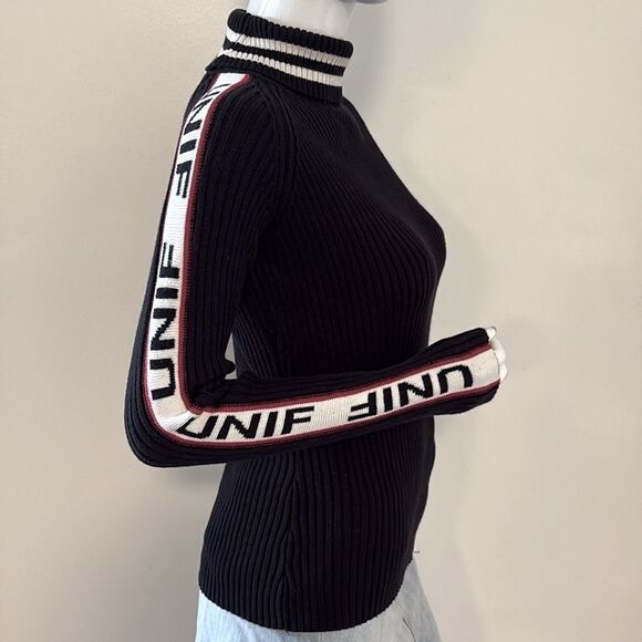UNIF Badsport Black Ribbed Turtleneck Sweater w Brand Name Logo Down the Sleeves - Picture 1 of 6